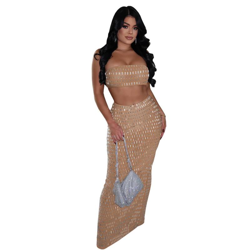 Khaki Off Shoulder Crop Tops Two Pieces Diamonds Sexy Luxury Bodycon Skirt Dress
