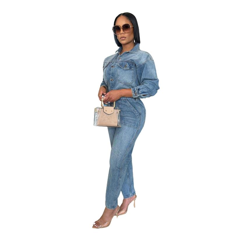 Blue Long Sleeve Button Denim Slim Fit Bodycon Casual Rompers