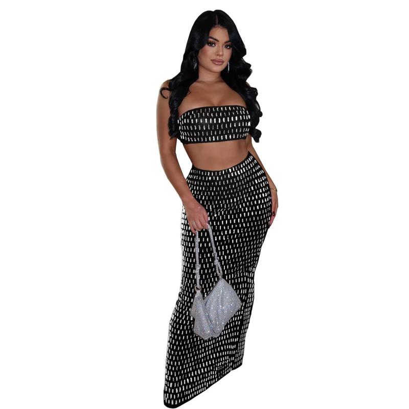 Black Off Shoulder Crop Tops Two Pieces Diamonds Sexy Luxury Bodycon Skirt Dress