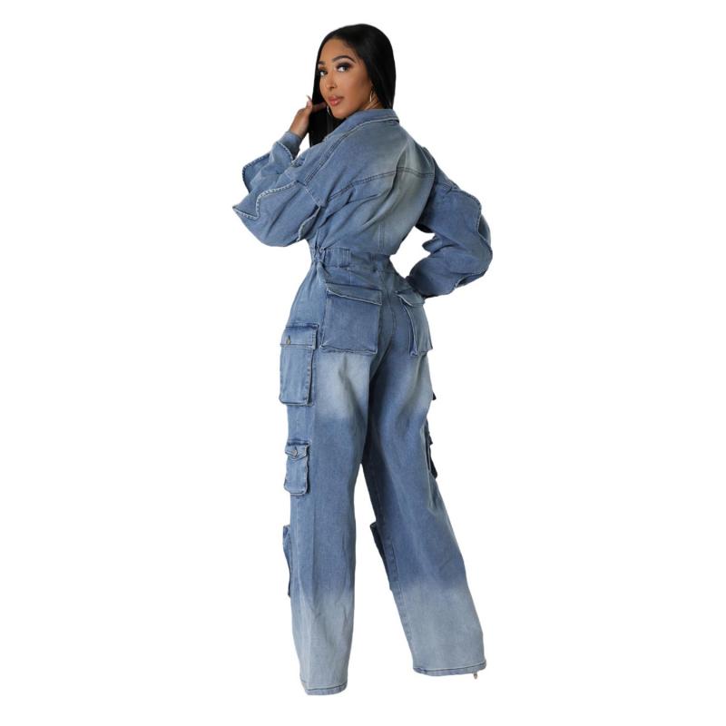 Blue Long Sleeve Denim Cargo Jumpsuits Pocket Wide Leg Fashion Rompers