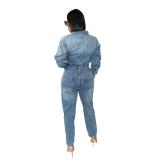 Blue Long Sleeve Button Denim Slim Fit Bodycon Casual Rompers