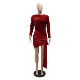 Red Sequins Long Sleeve Irregular Pleated Bodycon Party Mini Dress