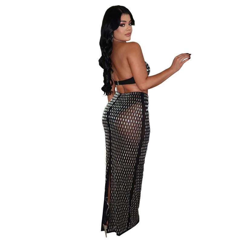 Black Off Shoulder Crop Tops Two Pieces Diamonds Sexy Luxury Bodycon Skirt Dress