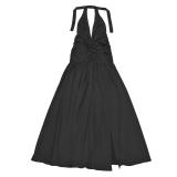 Black Sleeveless Deep V Neck Pleated Evening Prom Party Formal Maxi Dress