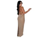 Khaki Off Shoulder Crop Tops Two Pieces Diamonds Sexy Luxury Bodycon Skirt Dress