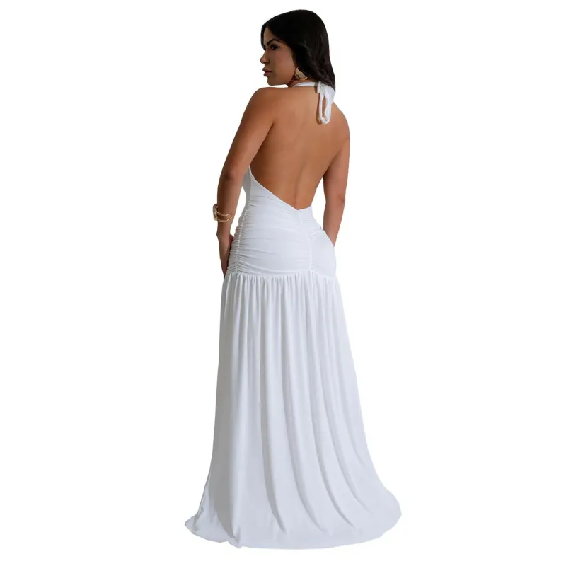 White Sleeveless Deep V Neck Pleated Evening Prom Party Formal Maxi Dress