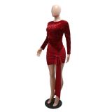 Red Sequins Long Sleeve Irregular Pleated Bodycon Party Mini Dress