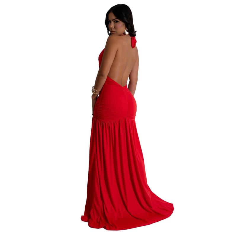 Red Sleeveless Deep V Neck Pleated Evening Prom Party Formal Maxi Dress