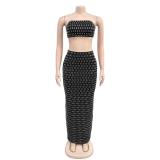 Black Off Shoulder Crop Tops Two Pieces Diamonds Sexy Luxury Bodycon Skirt Dress