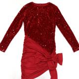 Red Sequins Long Sleeve Irregular Pleated Bodycon Party Mini Dress
