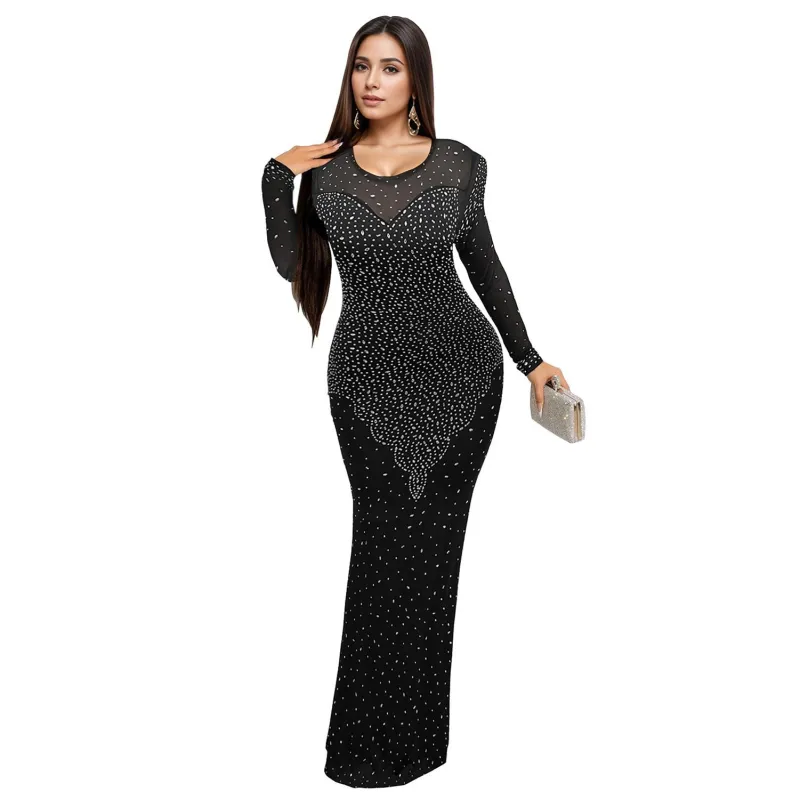 Black Diamonds Long Sleeve Mesh See Through Elegant Bodycon Formal Long Dress