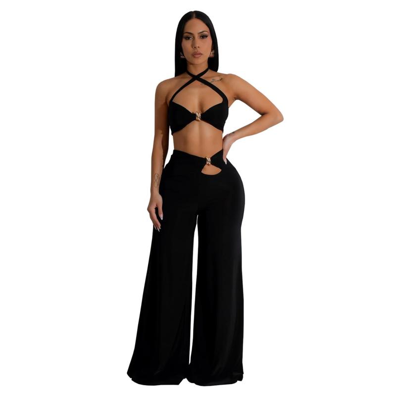 Black Velvet Sexy Bra Two Pieces Cut Out Wide Leg Women Pant Sets