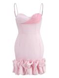 Pink Straps Low Cut Pleated Elegance Sexy Hot Girl Mini Dress