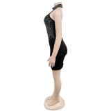 Black Halter Sleeveless Diamonds Bodycon Party Mini Dress
