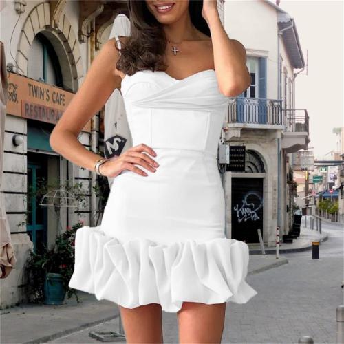 White Straps Low Cut Pleated Elegance Sexy Hot Girl Mini Dress