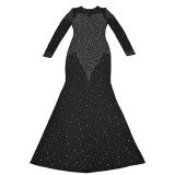 Black Diamonds Long Sleeve Mesh See Through Elegant Bodycon Formal Long Dress