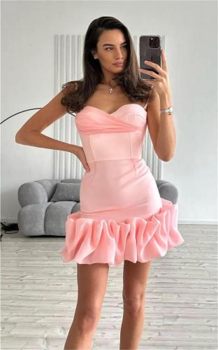 Pink Straps Low Cut Pleated Elegance Sexy Hot Girl Mini Dress