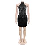 Black Halter Sleeveless Diamonds Bodycon Party Mini Dress