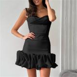 Black Straps Low Cut Pleated Elegance Sexy Hot Girl Mini Dress