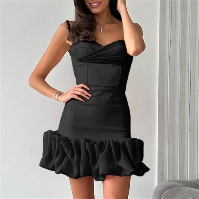 Black Straps Low Cut Pleated Elegance Sexy Hot Girl Mini Dress