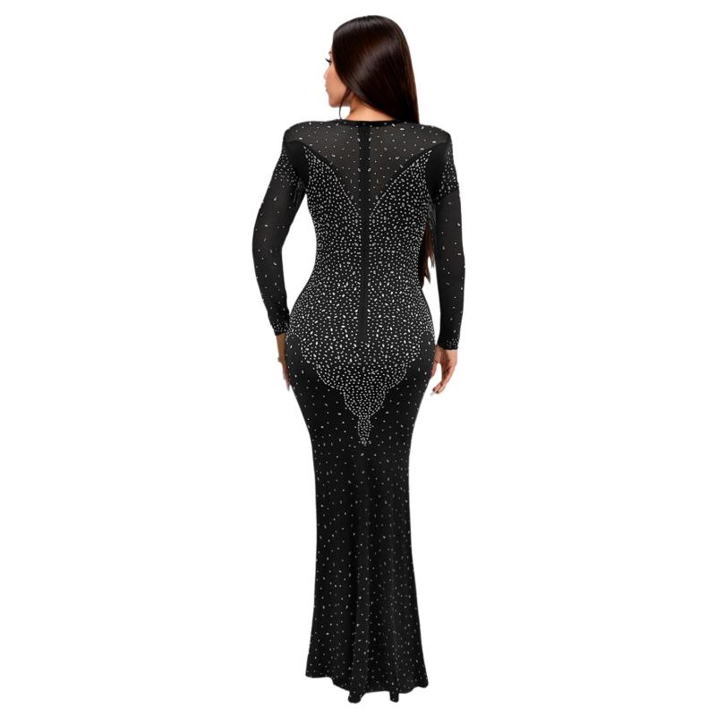 Black Diamonds Long Sleeve Mesh See Through Elegant Bodycon Formal Long Dress