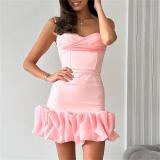 Pink Straps Low Cut Pleated Elegance Sexy Hot Girl Mini Dress
