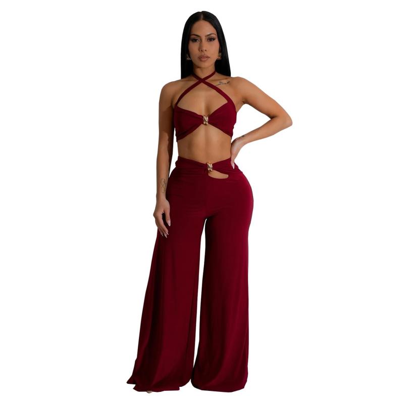 Claret Velvet Sexy Bra Two Pieces Cut Out Wide Leg Women Pant Sets