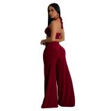 Claret Velvet Sexy Bra Two Pieces Cut Out Wide Leg Women Pant Sets