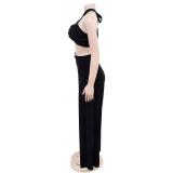 Black Velvet Sexy Bra Two Pieces Cut Out Wide Leg Women Pant Sets