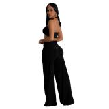 Black Velvet Sexy Bra Two Pieces Cut Out Wide Leg Women Pant Sets
