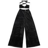 Black Velvet Sexy Bra Two Pieces Cut Out Wide Leg Women Pant Sets