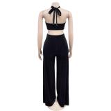 Black Velvet Sexy Bra Two Pieces Cut Out Wide Leg Women Pant Sets