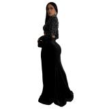 Black Sequins Crop Tops Velvet Pleated Women High Slit Two Pieces Skirt Dress