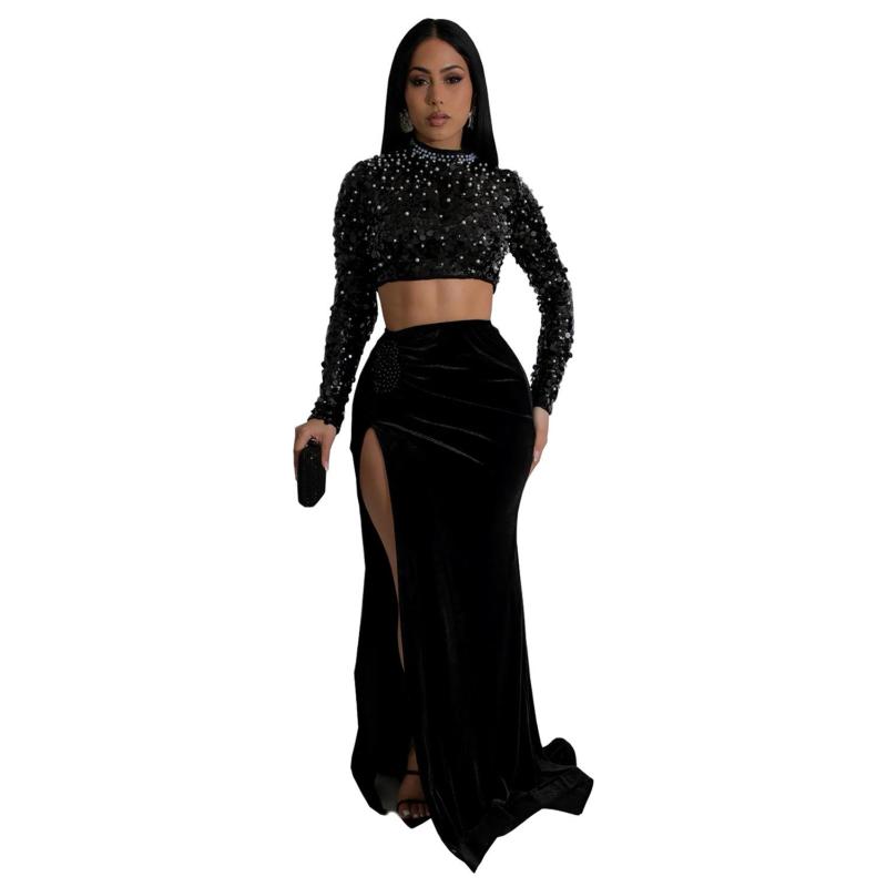 Black Sequins Crop Tops Velvet Pleated Women High Slit Two Pieces Skirt Dress
