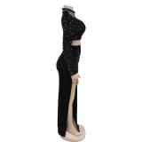 Black Sequins Crop Tops Velvet Pleated Women High Slit Two Pieces Skirt Dress