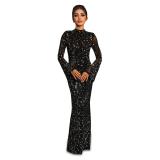 Black Mesh See Through Long Sleeve Diamonds Luxury Evening Formal Maxi Dress