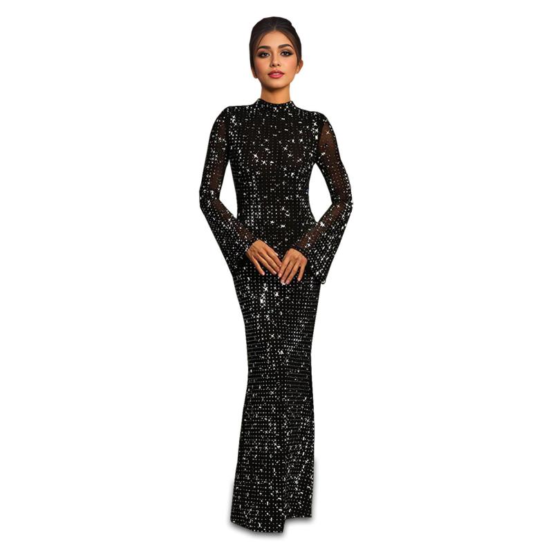 Black Mesh See Through Long Sleeve Diamonds Luxury Evening Formal Maxi Dress