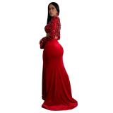 Red Sequins Crop Tops Velvet Pleated Women High Slit Two Pieces Skirt Dress