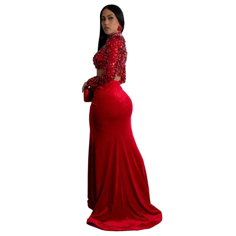 Red Sequins Crop Tops Velvet Pleated Women High Slit Two Pieces Skirt Dress