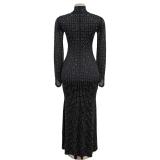 Black Mesh See Through Long Sleeve Diamonds Luxury Evening Formal Maxi Dress