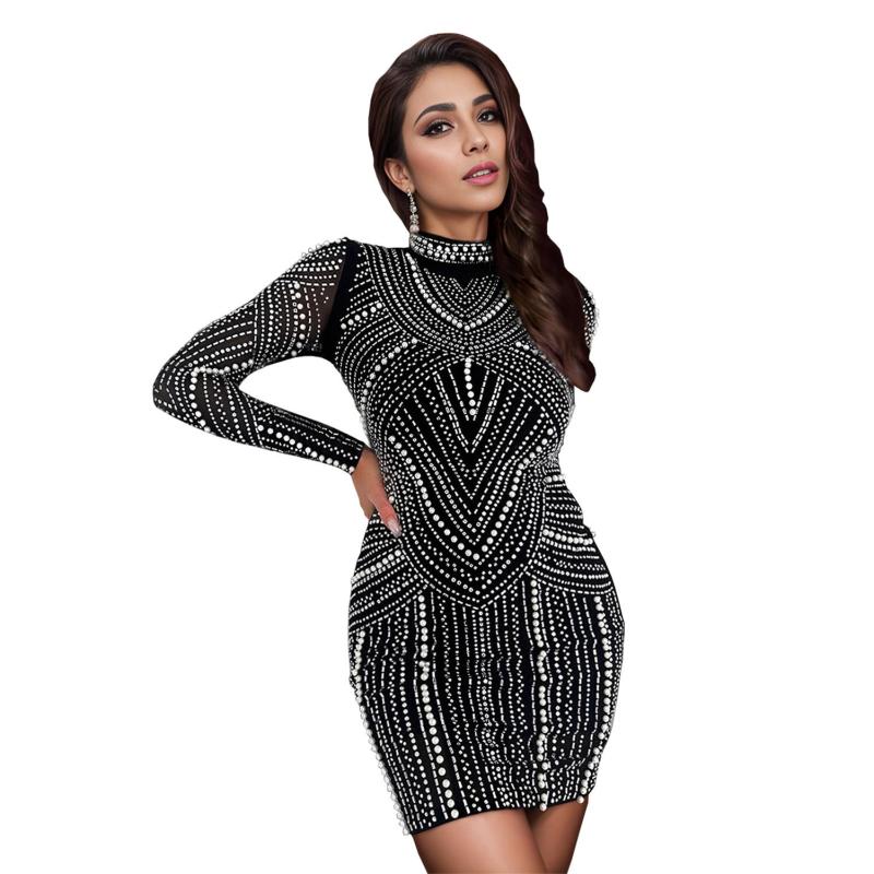 Black High Neck Diamonds Elegant Bodycon Slim Fit Mini Dress