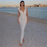 White Sleeveless Knitted Lace Hollow Out Backless Pure Desire Sexy Evening Prom Maxi Dress