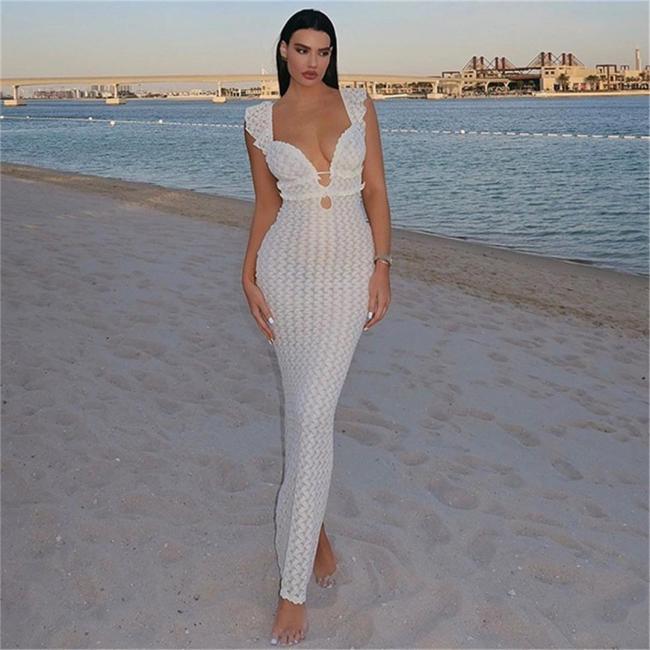 White Sleeveless Knitted Lace Hollow Out Backless Pure Desire Sexy Evening Prom Maxi Dress