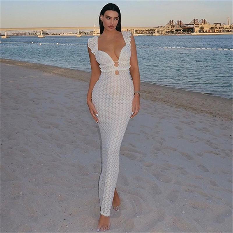 White Sleeveless Knitted Lace Hollow Out Backless Pure Desire Sexy Evening Prom Maxi Dress
