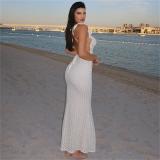 White Sleeveless Knitted Lace Hollow Out Backless Pure Desire Sexy Evening Prom Maxi Dress