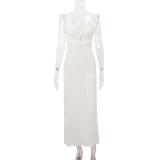 Beige Sleeveless Knitted Lace Hollow Out Backless Pure Desire Sexy Evening Prom Maxi Dress