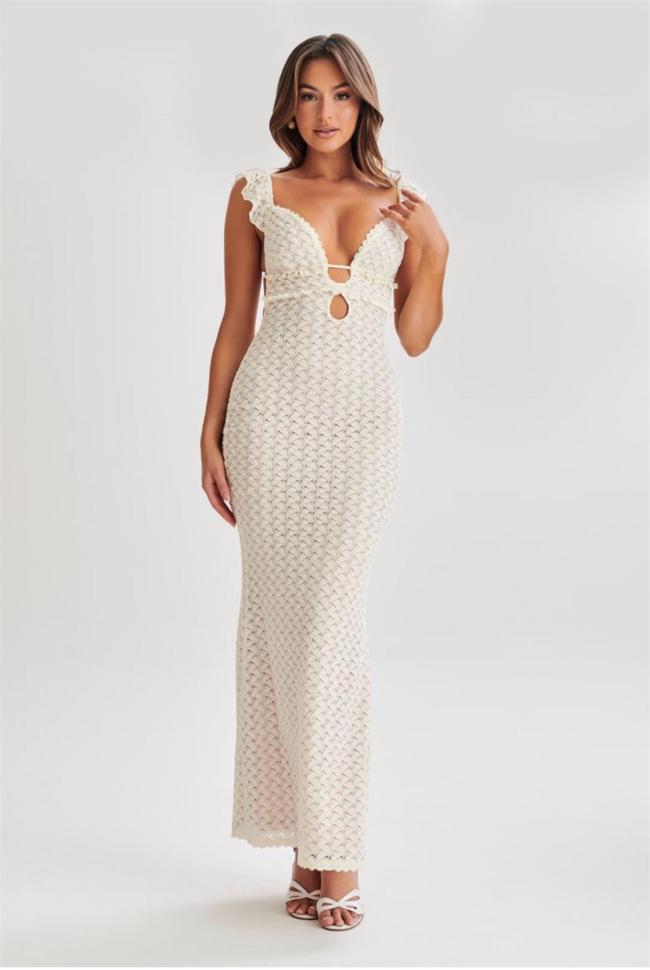 Beige Sleeveless Knitted Lace Hollow Out Backless Pure Desire Sexy Evening Prom Maxi Dress