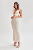 Beige Sleeveless Knitted Lace Hollow Out Backless Pure Desire Sexy Evening Prom Maxi Dress