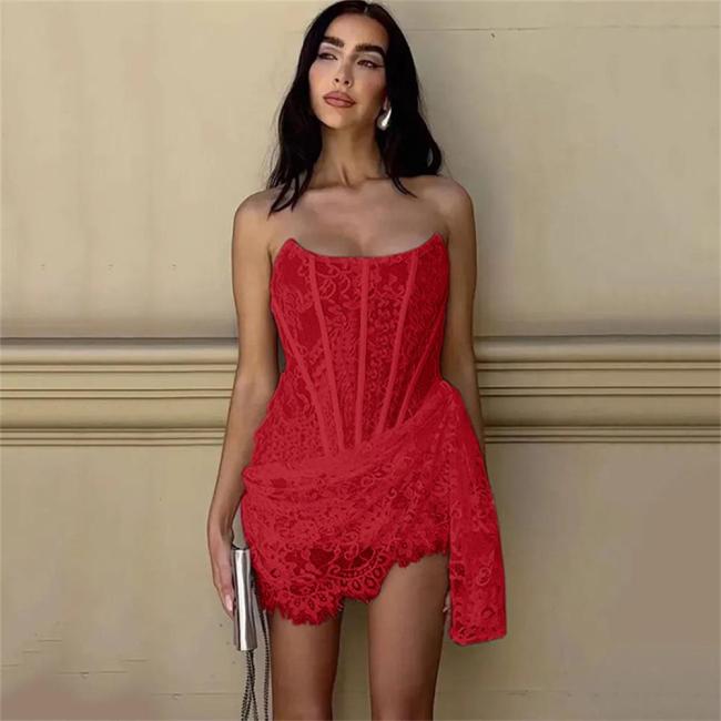 Red Off Shoulder Lace Hollow Out Sexy Party Socialite Elegant Mini Dress