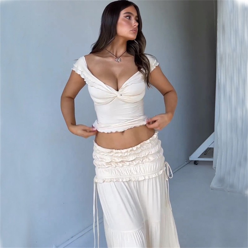Beige Low Cut Sexy Tank Top Ruffles Pleated Long Skirt Dress Sets
